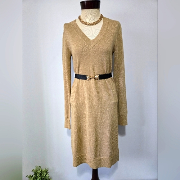 Michael Kors Lightweight Metallic Gold Knit V Neck Midi Dress. Size Small - Picture 2 of 13